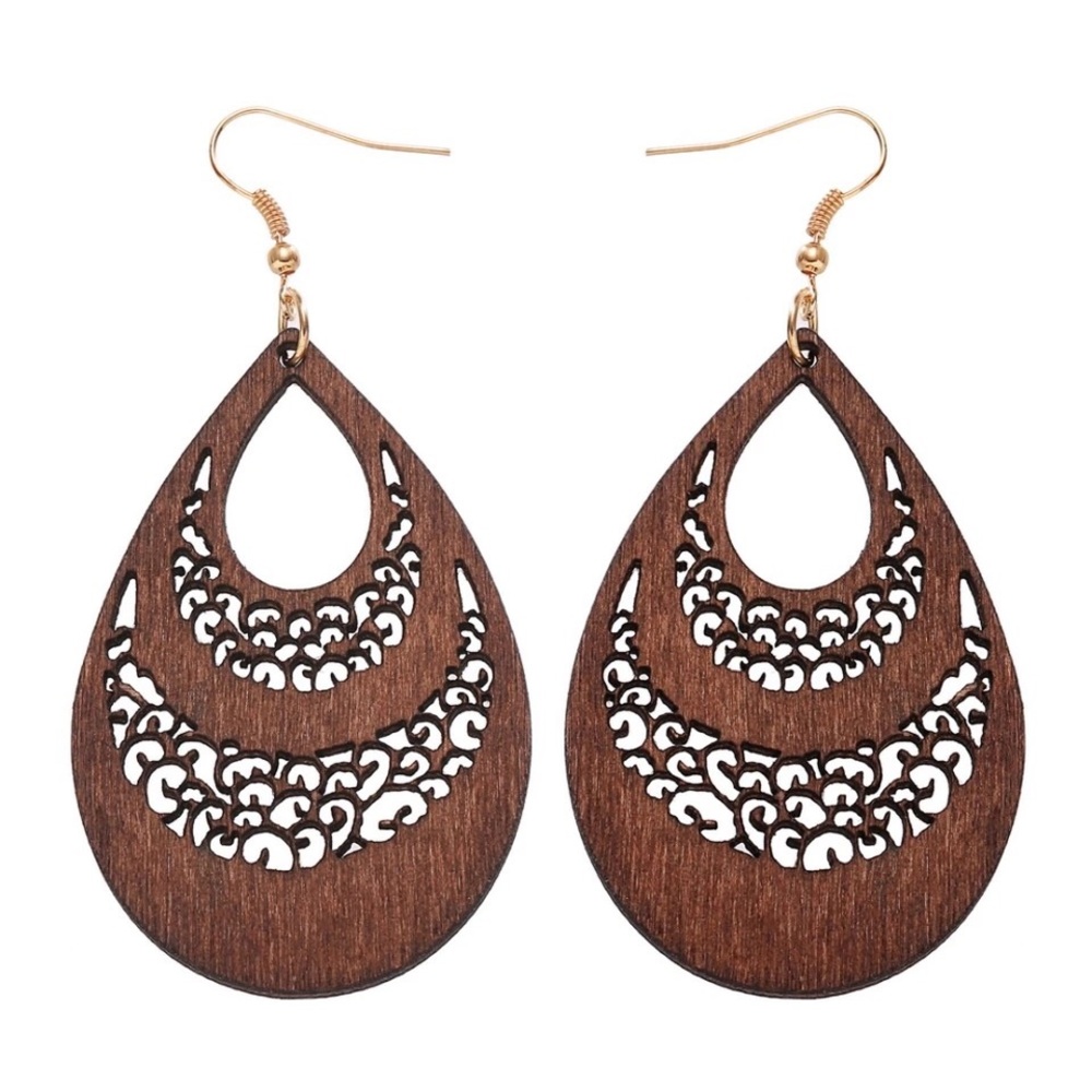 Brown Wooden Water Drop Design Earrings - NWT